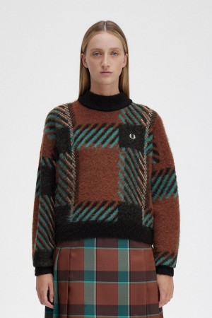 Knitwear Fred Perry Glitch Tartan Jumper Femme Marron | FRJZR72829