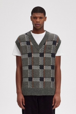 Knitwear Fred Perry Glitch Tartan Tricoté Tank Homme Vert | FRDYB96961