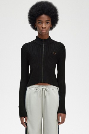 Knitwear Fred Perry Nervuré Zip Through Jumper Femme Noir | AFRDF41663