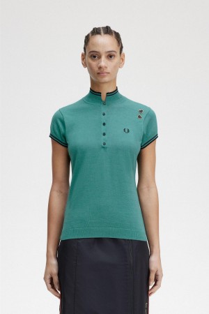 Knitwear Fred Perry Tricoté Shirt Femme Menthe Foncé | FRXBR31430