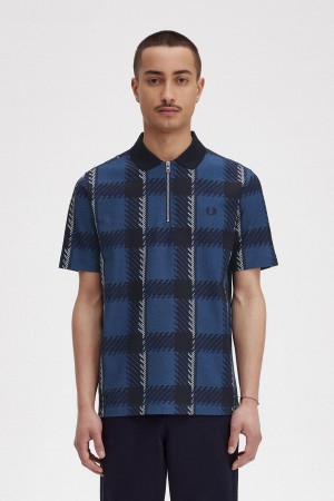 Polos Fred Perry Glitch Tartan Zip Neck Polo Shirt Homme Bleu | EFRHC50852