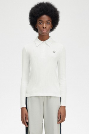 Polos Fred Perry Long Sleeve Nervuré Femme Blanche | ZFRNQ80721