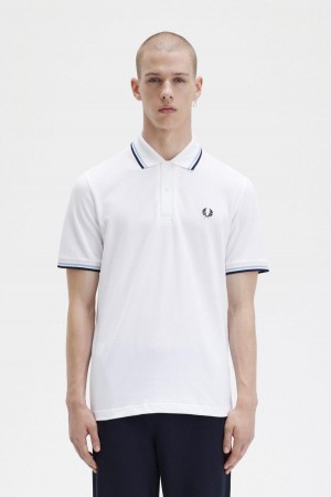 Polos Fred Perry M12 Homme Blanche Bleu Marine | FRCVG10279