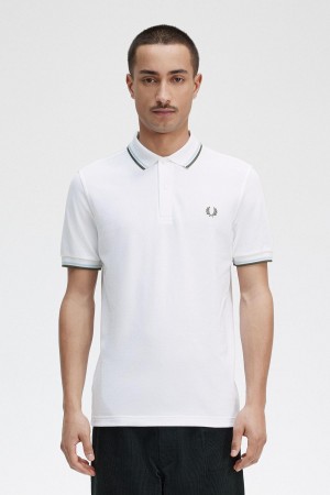 Polos Fred Perry M3600 Homme Blanche Noir Vert | GFRUC27748