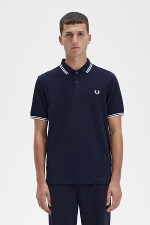 Polos Fred Perry M3600 Homme Bleu Marine Blanche Blanche | AFRDF96189