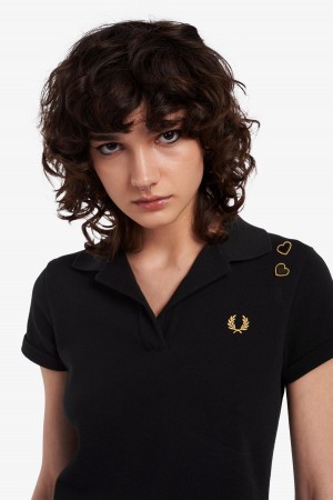 Polos Fred Perry Open-Collar Piqué Femme Noir | FRJBT94268