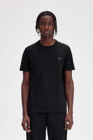 T Shirts Fred Perry Contrast Tape Ringer Homme Noir Marron | ZFRNQ95479