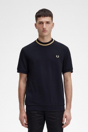 T Shirts Fred Perry Crew Neck Piqué Homme Noir | FFRUI18783