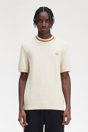 T Shirts Fred Perry Crew Neck Piqué Homme Oatmeal | FRNEJ46891