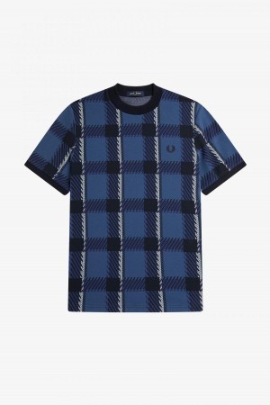 T Shirts Fred Perry Glitch Tartan Homme Bleu | PFRER22215