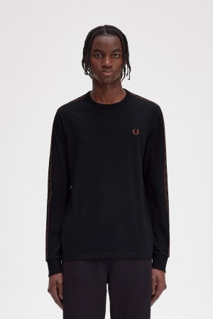 T Shirts Fred Perry Taped Long Sleeve Homme Noir Marron | UFRND56547