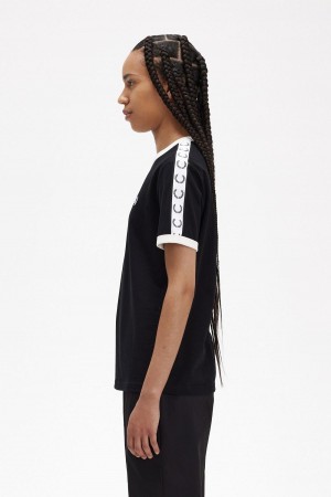 T Shirts Fred Perry Taped Ringer Femme Noir | LFRTR75018