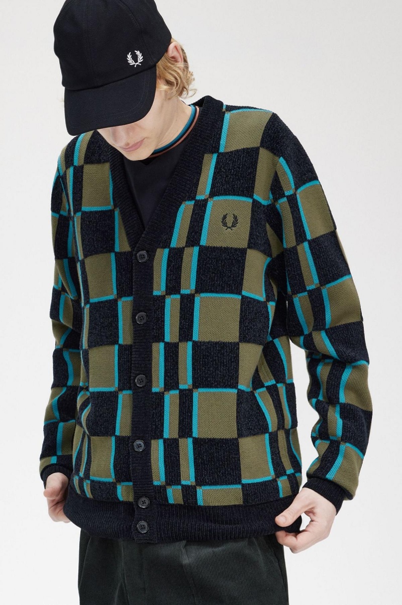 Knitwear Fred Perry Glitch Chequerboard Cardigan Homme Vert Noir | ZFRNQ16791