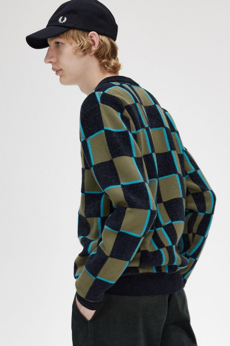 Knitwear Fred Perry Glitch Chequerboard Cardigan Homme Vert Noir | ZFRNQ16791