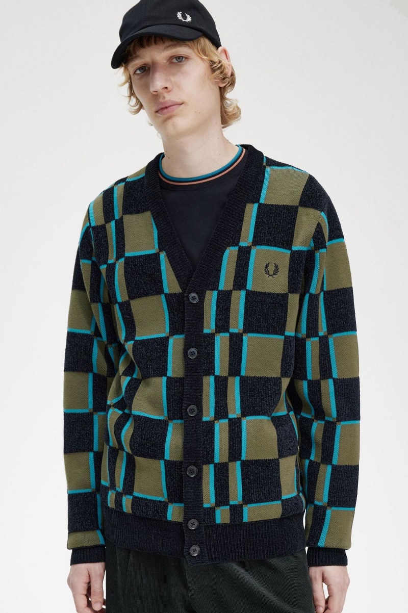 Knitwear Fred Perry Glitch Chequerboard Cardigan Homme Vert Noir | ZFRNQ16791