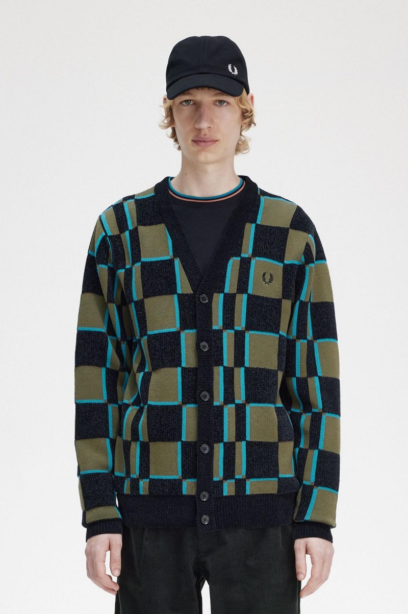 Knitwear Fred Perry Glitch Chequerboard Cardigan Homme Vert Noir | ZFRNQ16791