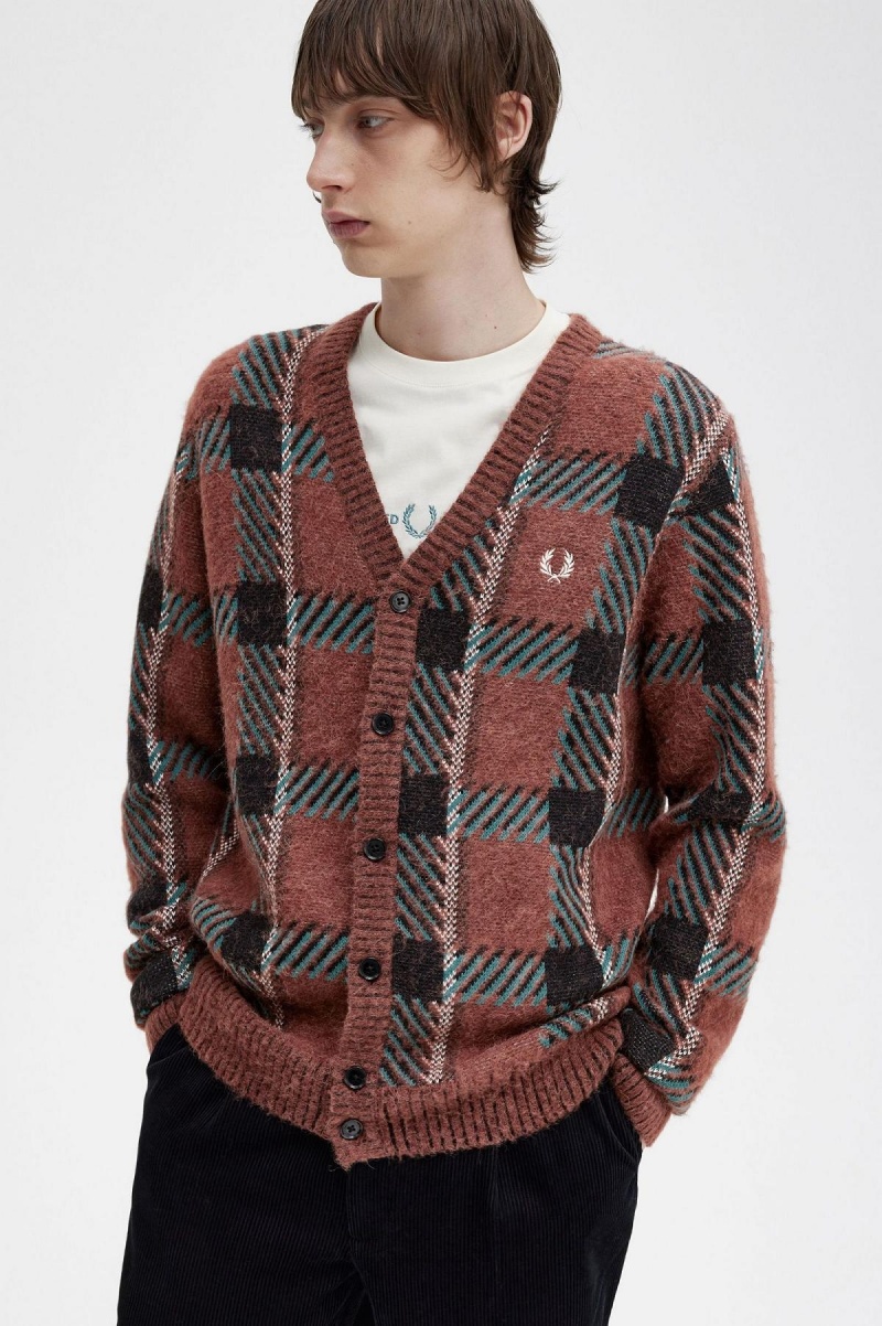 Knitwear Fred Perry Glitch Tartan Cardigan Homme Marron | GFRUC91483