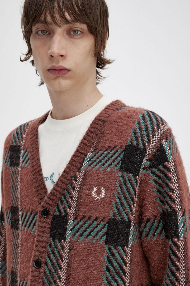 Knitwear Fred Perry Glitch Tartan Cardigan Homme Marron | GFRUC91483