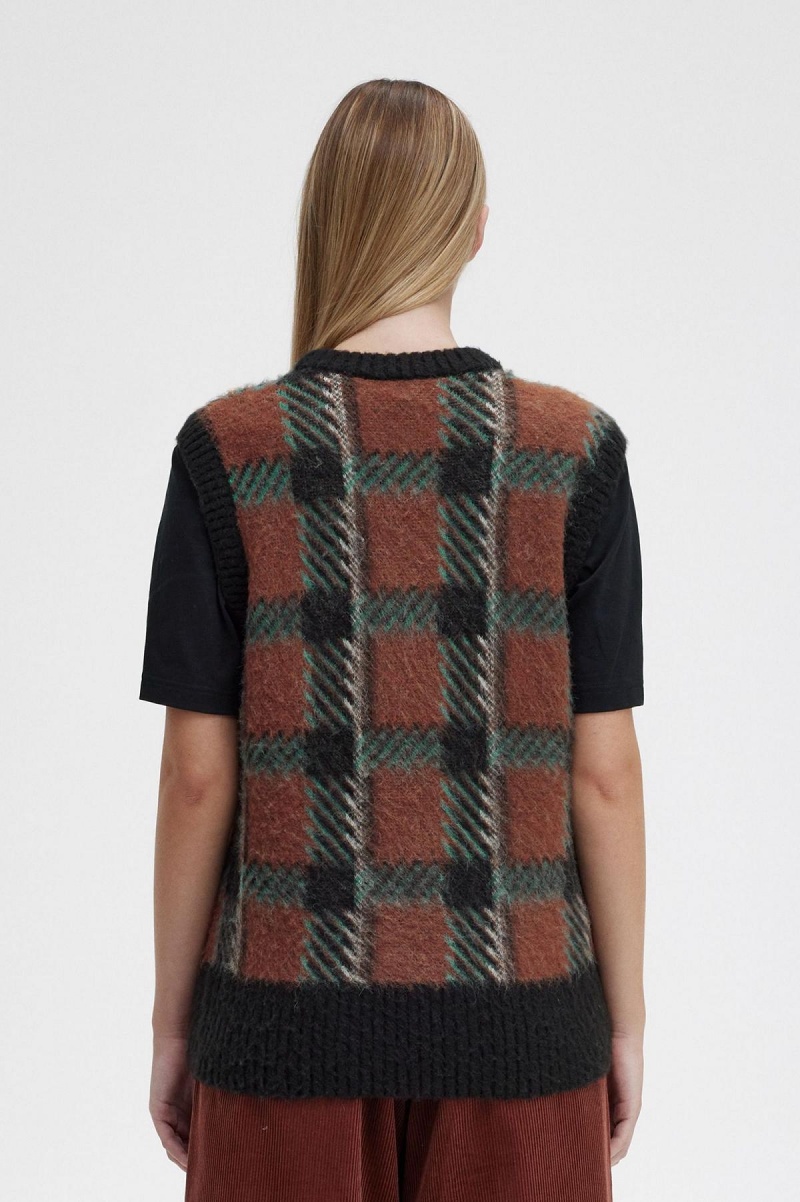 Knitwear Fred Perry Glitch Tartan Tricoté Tank Femme Marron | FRXMI29219