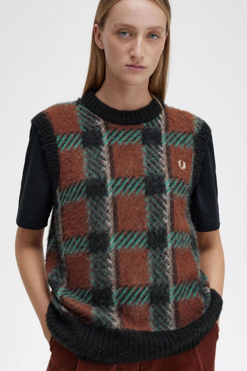 Knitwear Fred Perry Glitch Tartan Tricoté Tank Femme Marron | FRXMI29219