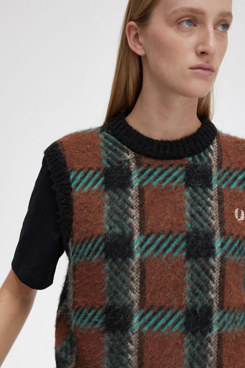 Knitwear Fred Perry Glitch Tartan Tricoté Tank Femme Marron | FRXMI29219