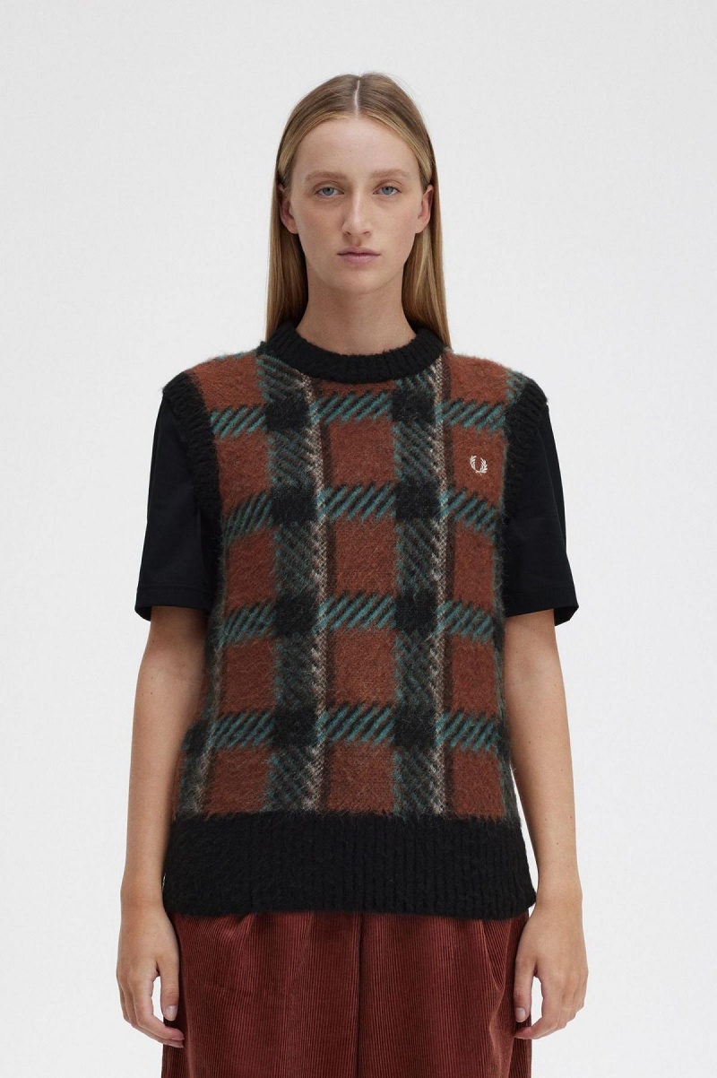 Knitwear Fred Perry Glitch Tartan Tricoté Tank Femme Marron | FRXMI29219