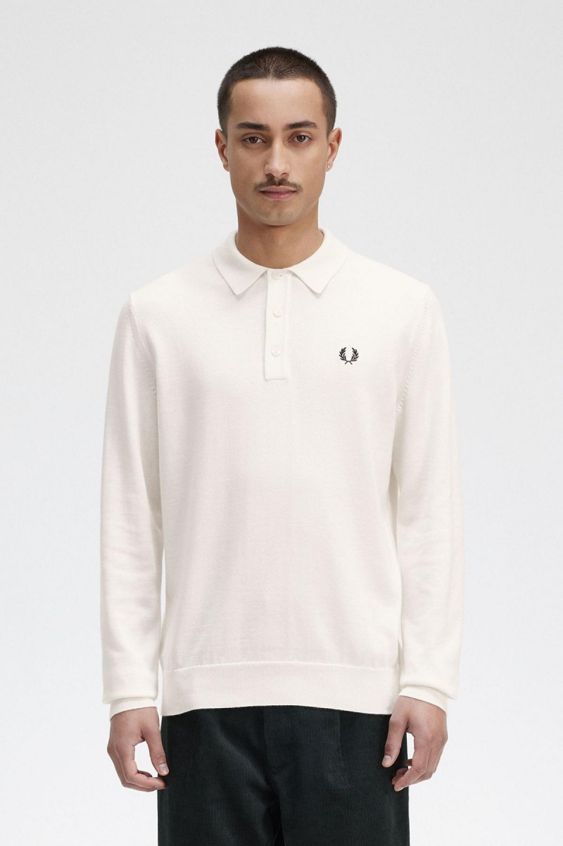 Knitwear Fred Perry Long Sleeve Tricoté Shirt Homme Ecru | FRICD79756