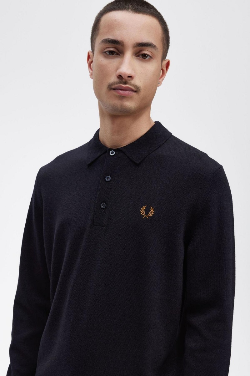 Knitwear Fred Perry Long Sleeve Tricoté Shirt Homme Bleu Marine | FRJBT21779