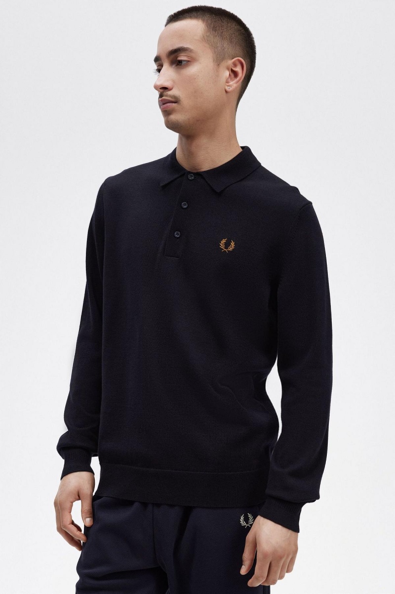 Knitwear Fred Perry Long Sleeve Tricoté Shirt Homme Bleu Marine | FRJBT21779