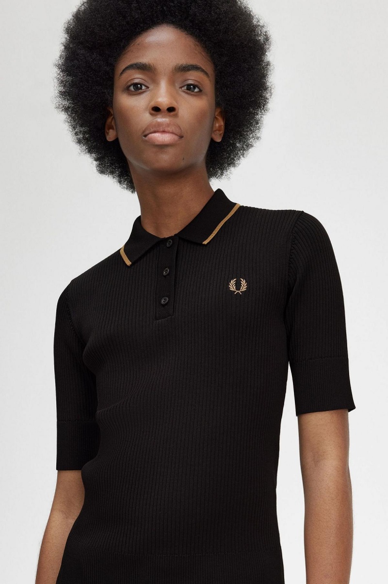 Knitwear Fred Perry Nervuré Tricoté Shirt Femme Noir | FRZDE30021