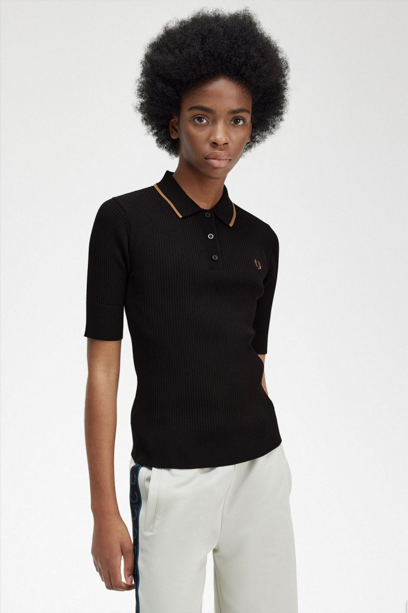 Knitwear Fred Perry Nervuré Tricoté Shirt Femme Noir | FRZDE30021