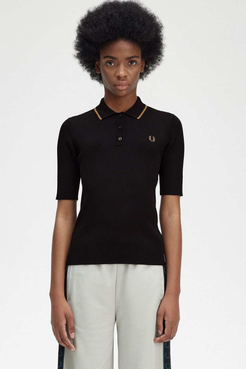 Knitwear Fred Perry Nervuré Tricoté Shirt Femme Noir | FRZDE30021