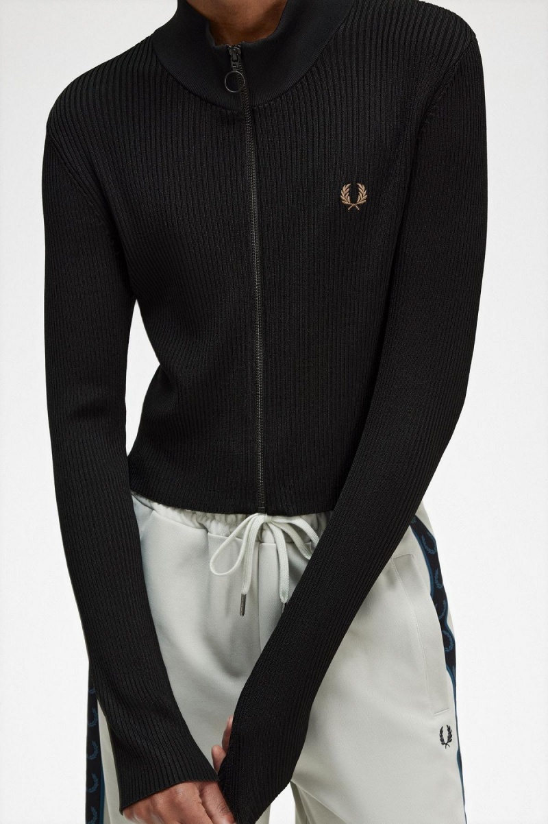 Knitwear Fred Perry Nervuré Zip Through Jumper Femme Noir | AFRDF41663