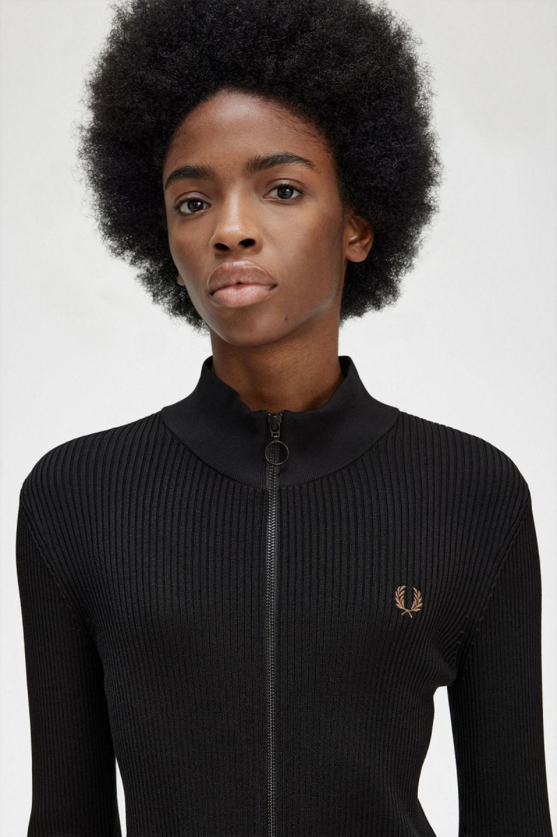 Knitwear Fred Perry Nervuré Zip Through Jumper Femme Noir | AFRDF41663