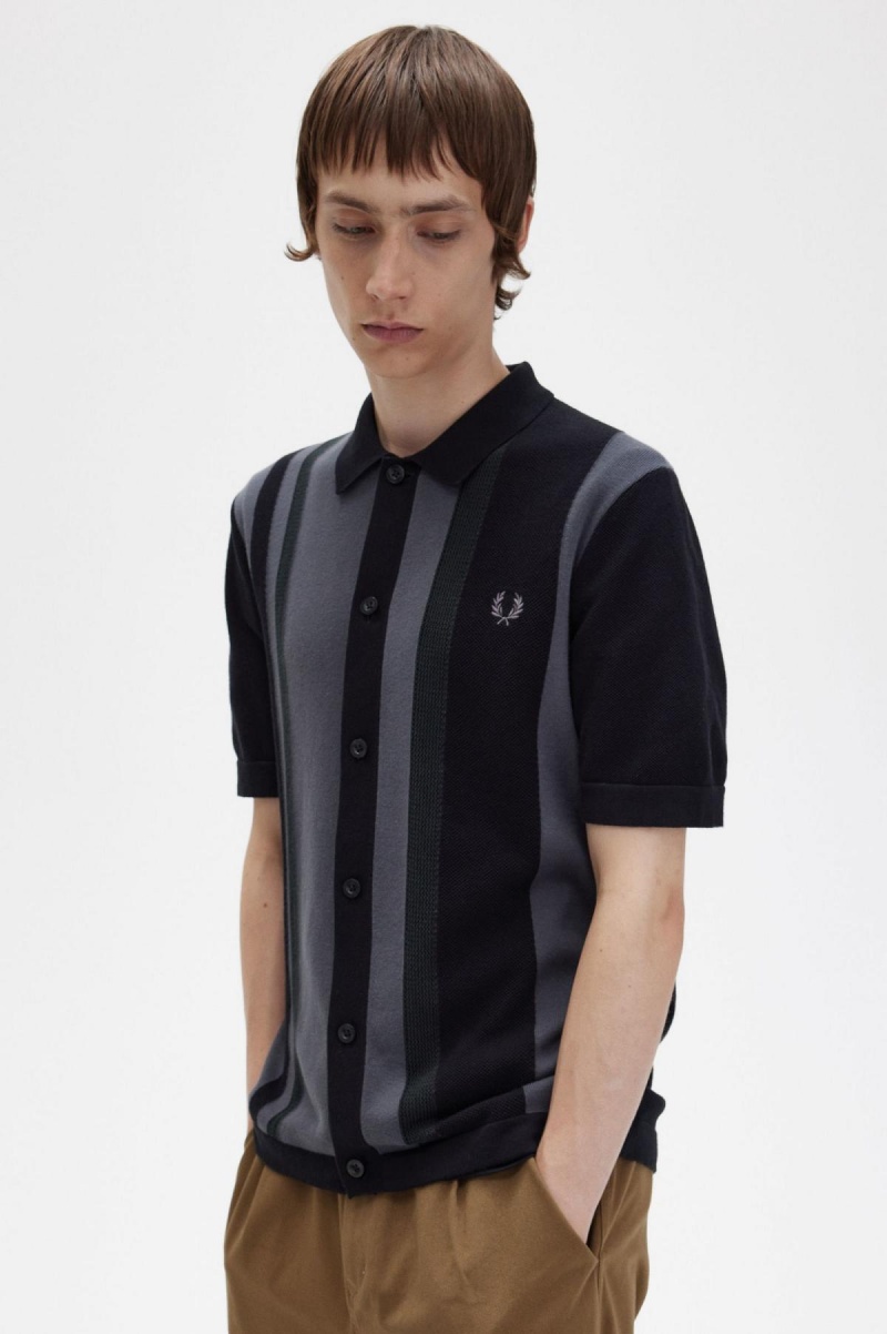 Knitwear Fred Perry Rayé Tricoté Shirt Homme Noir | FRJKU80598