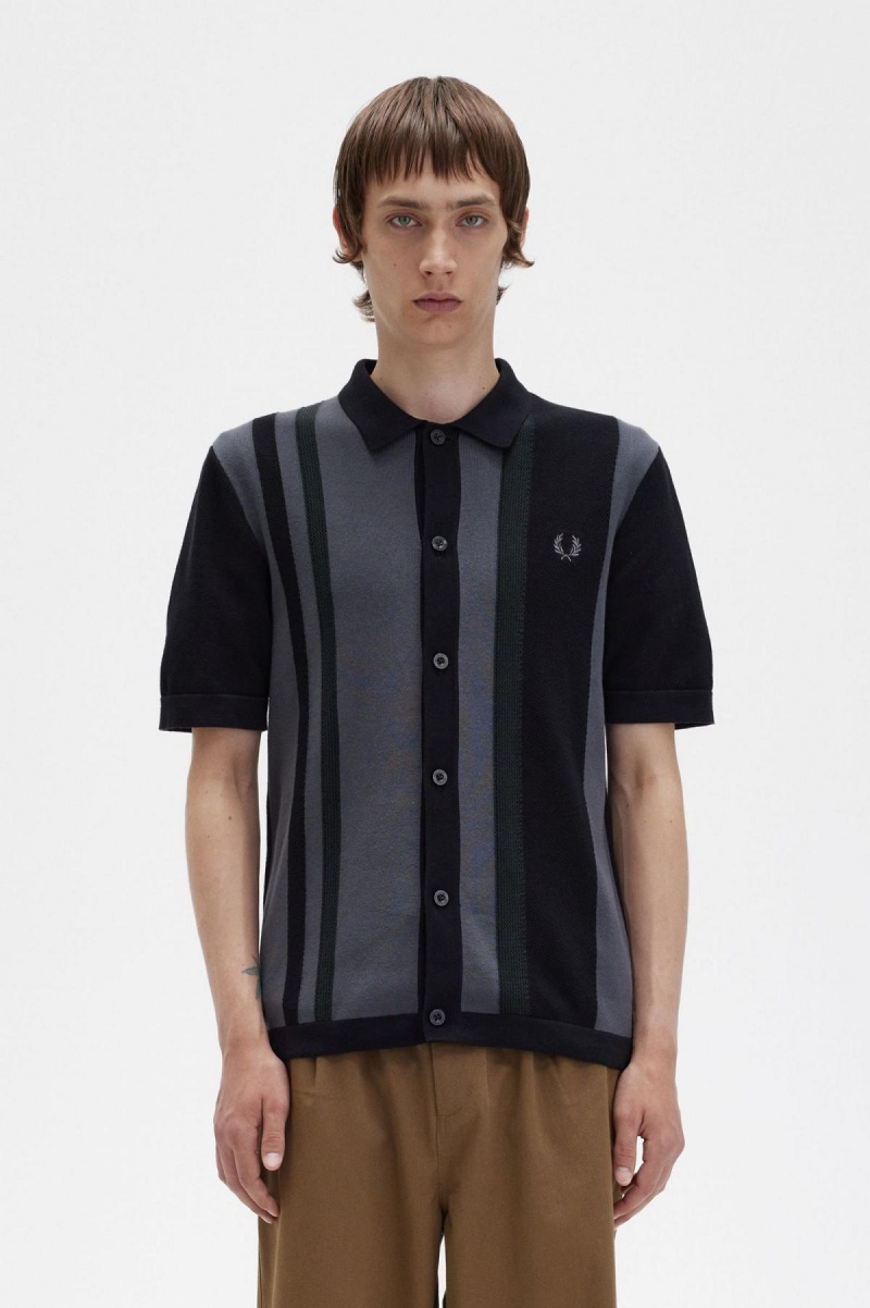 Knitwear Fred Perry Rayé Tricoté Shirt Homme Noir | FRJKU80598