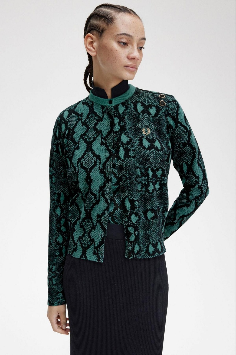 Knitwear Fred Perry Snake Print Cardigan Femme Menthe Foncé | FRJZR84993