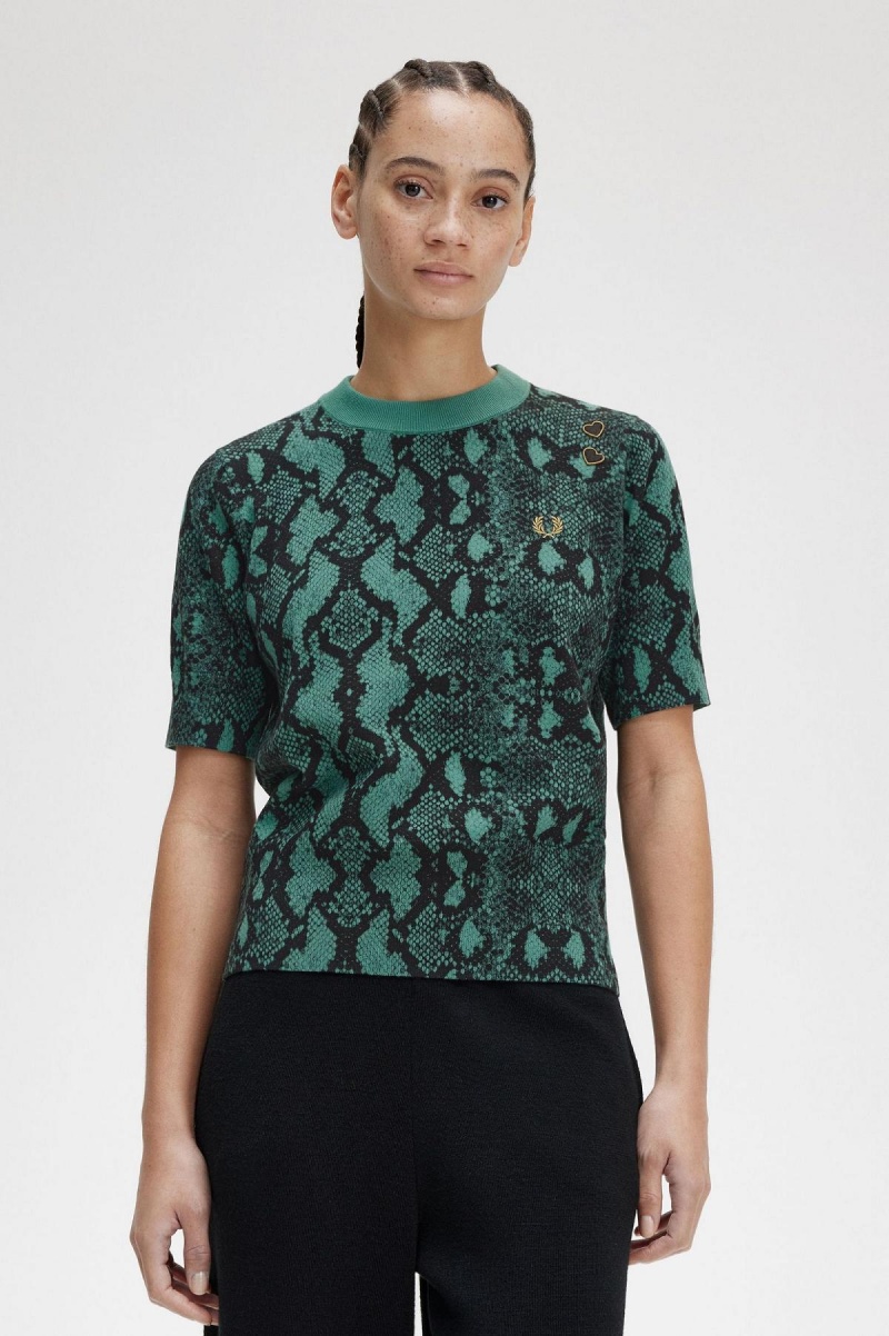 Knitwear Fred Perry Snake Print Jumper Femme Menthe Foncé | UFRTG47840