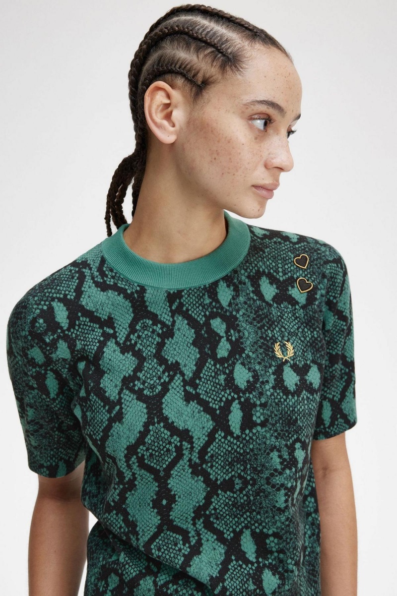 Knitwear Fred Perry Snake Print Jumper Femme Menthe Foncé | UFRTG47840