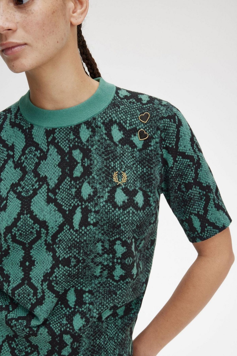 Knitwear Fred Perry Snake Print Jumper Femme Menthe Foncé | UFRTG47840