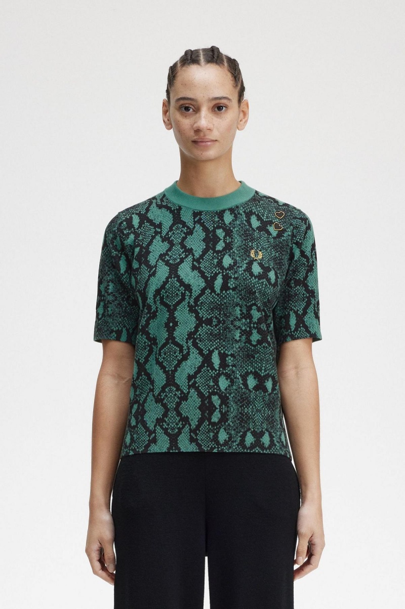 Knitwear Fred Perry Snake Print Jumper Femme Menthe Foncé | UFRTG47840