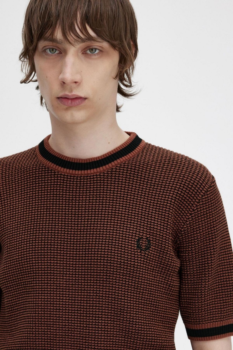 Knitwear Fred Perry Textured Tricoté T-Shirt Homme Marron | FRDYB74835