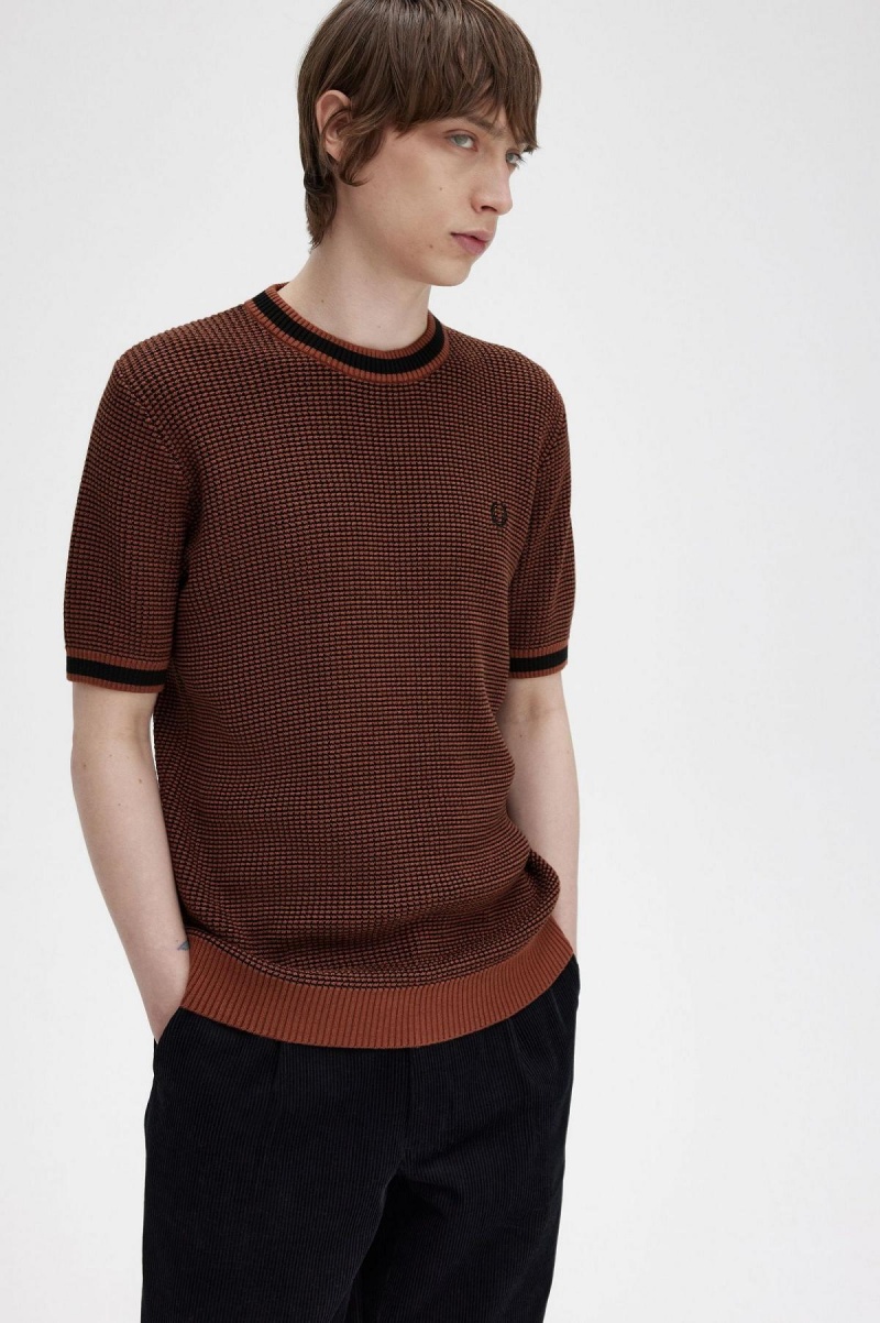 Knitwear Fred Perry Textured Tricoté T-Shirt Homme Marron | FRDYB74835