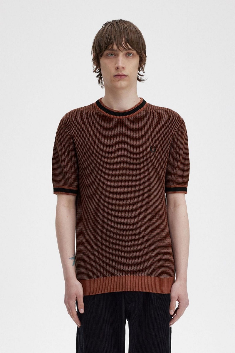 Knitwear Fred Perry Textured Tricoté T-Shirt Homme Marron | FRDYB74835