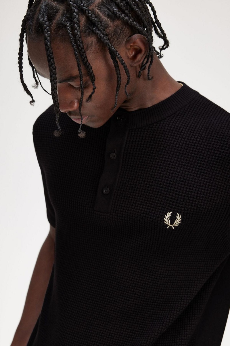 Knitwear Fred Perry Waffle Stitch Henley Shirt Homme Noir | FRDYB96710