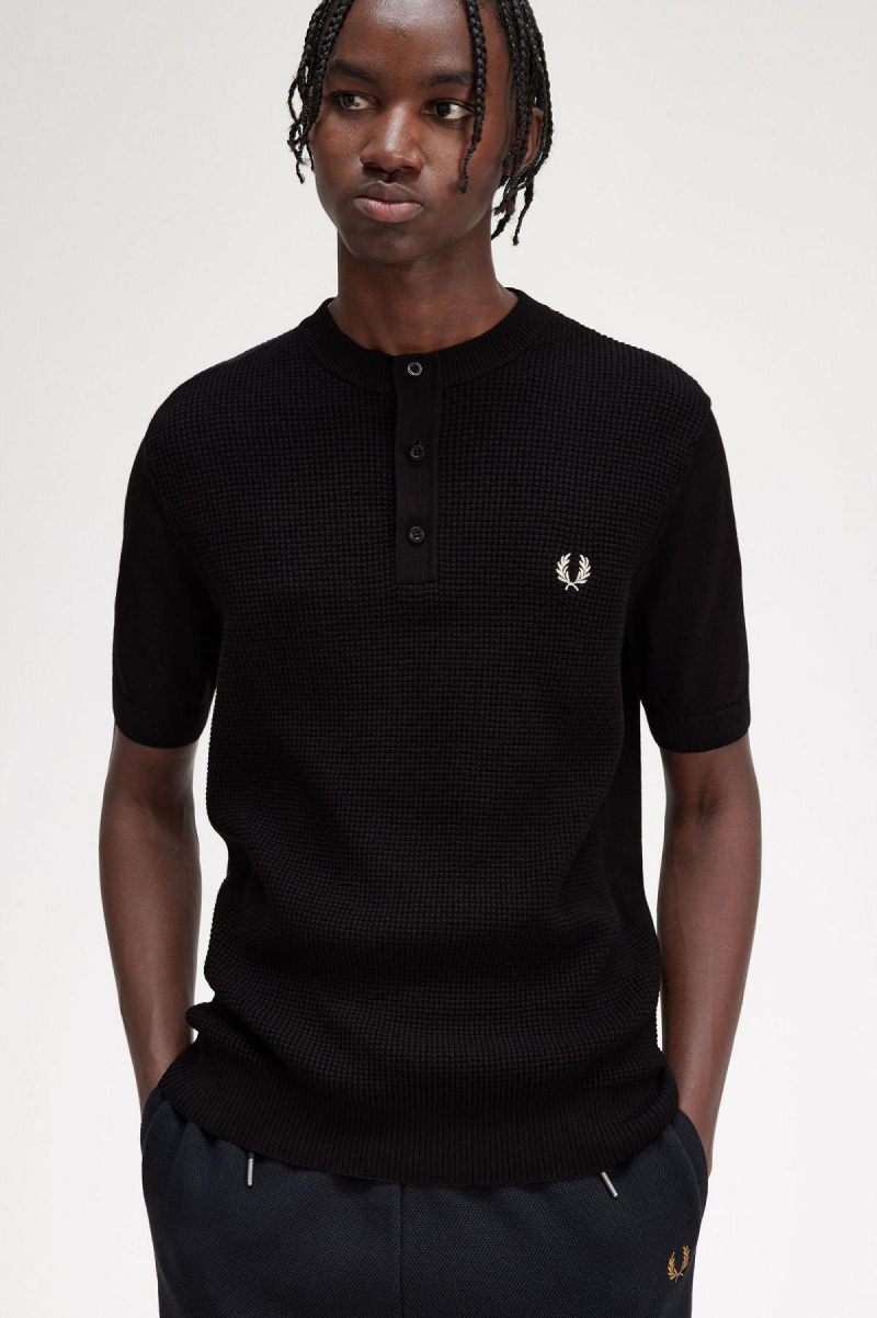 Knitwear Fred Perry Waffle Stitch Henley Shirt Homme Noir | FRDYB96710