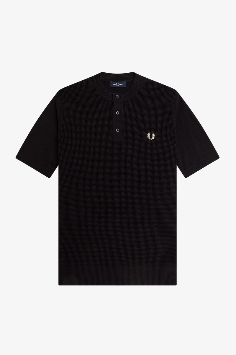 Knitwear Fred Perry Waffle Stitch Henley Shirt Homme Noir | FRDYB96710