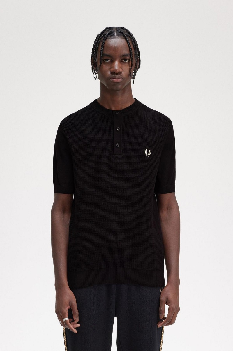 Knitwear Fred Perry Waffle Stitch Henley Shirt Homme Noir | FRDYB96710