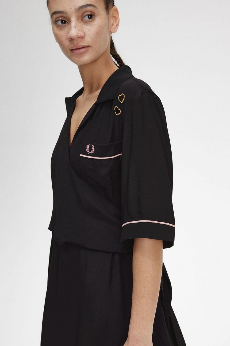 Peignoir Fred Perry Bowling Shirt Femme Noir | ZFRNQ98134