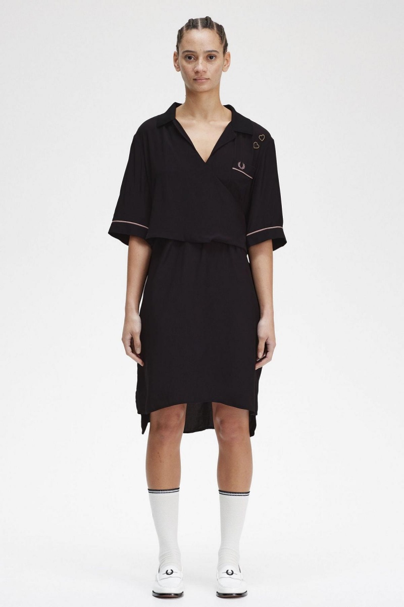 Peignoir Fred Perry Bowling Shirt Femme Noir | ZFRNQ98134